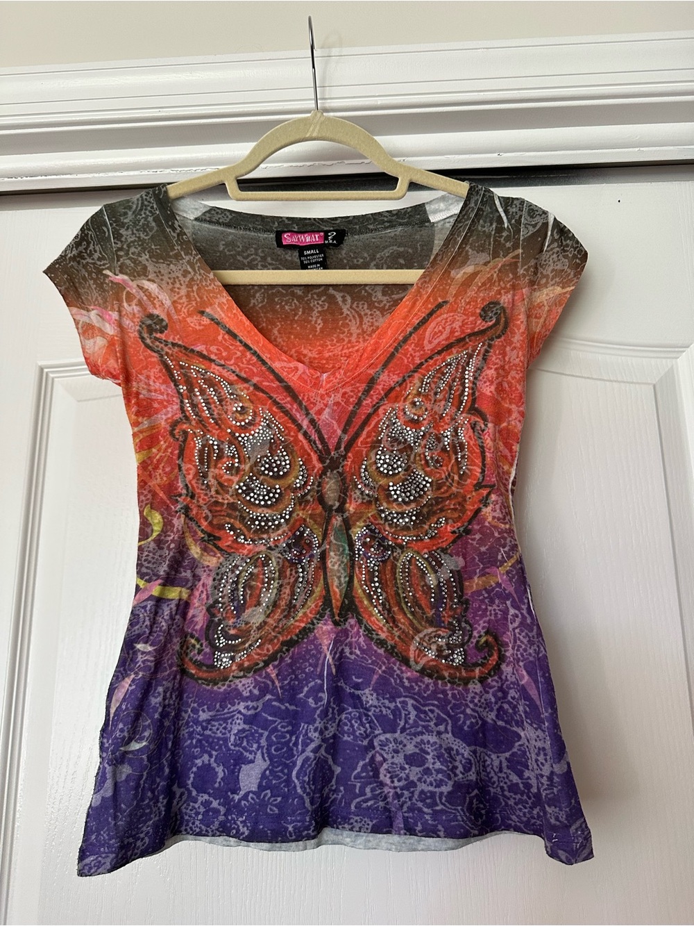 Say What? Ombre Butterfly V‑Neck Top - Orange & Purple